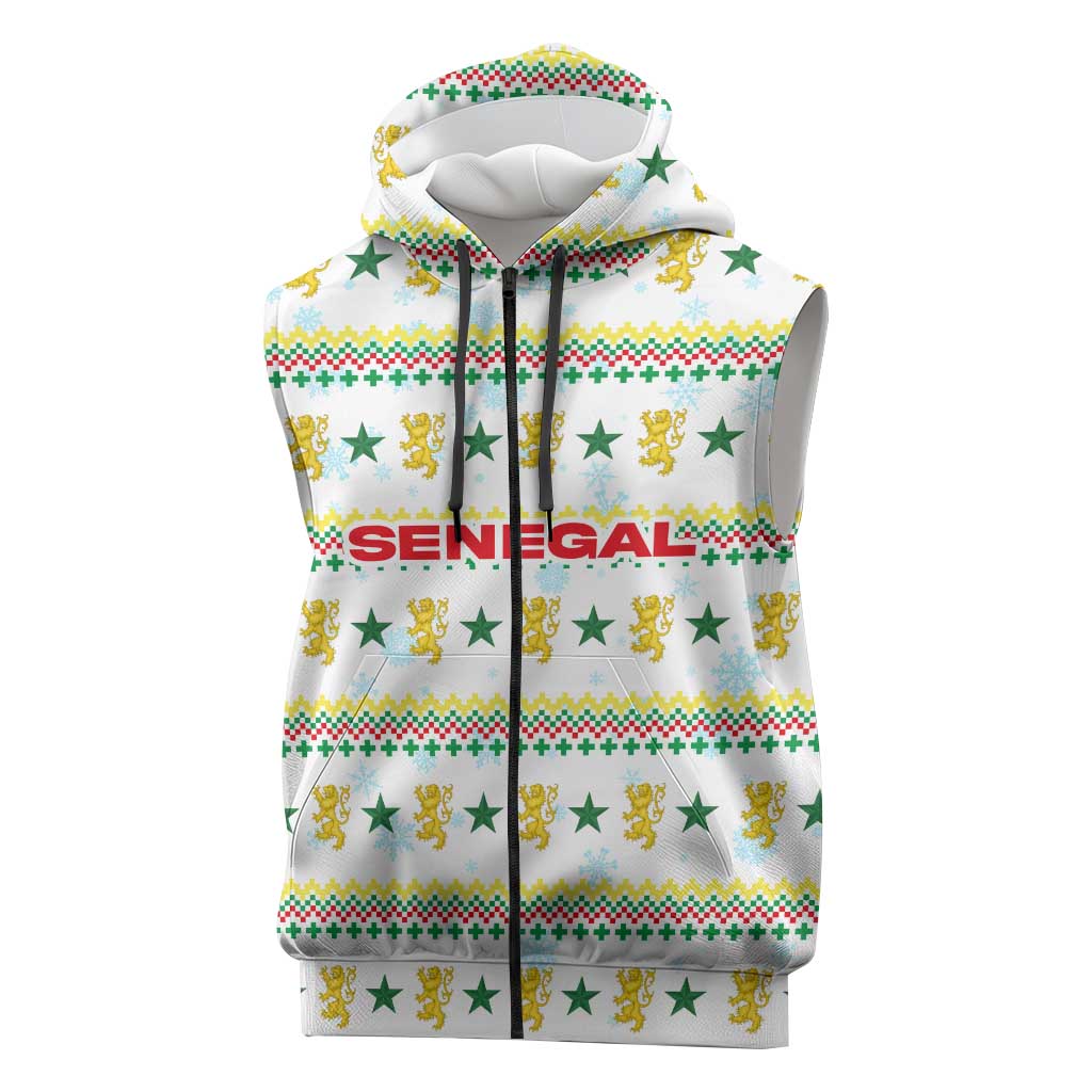 Senegal Christmas Sleeveless Zip Hoodie Golden Lion and Festive Stars Motif - African Pride