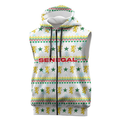 Senegal Christmas Sleeveless Zip Hoodie Golden Lion and Festive Stars Motif - African Pride