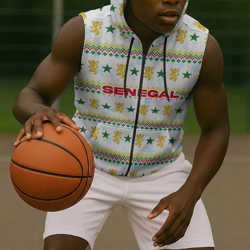 Senegal Christmas Sleeveless Zip Hoodie Golden Lion and Festive Stars Motif - African Pride