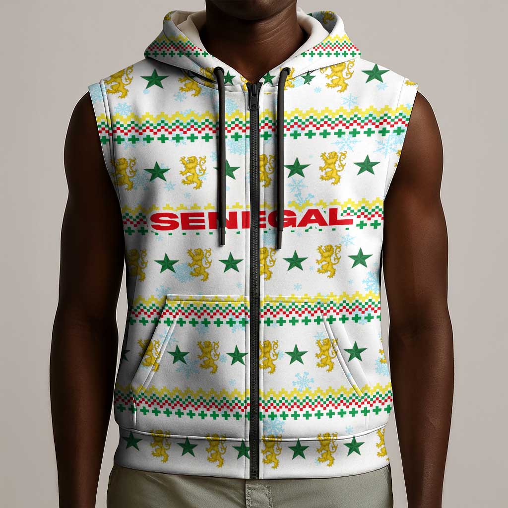Senegal Christmas Sleeveless Zip Hoodie Golden Lion and Festive Stars Motif - African Pride