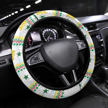 Senegal Christmas Steering Wheel Cover Golden Lion and Festive Stars Motif - African Pride