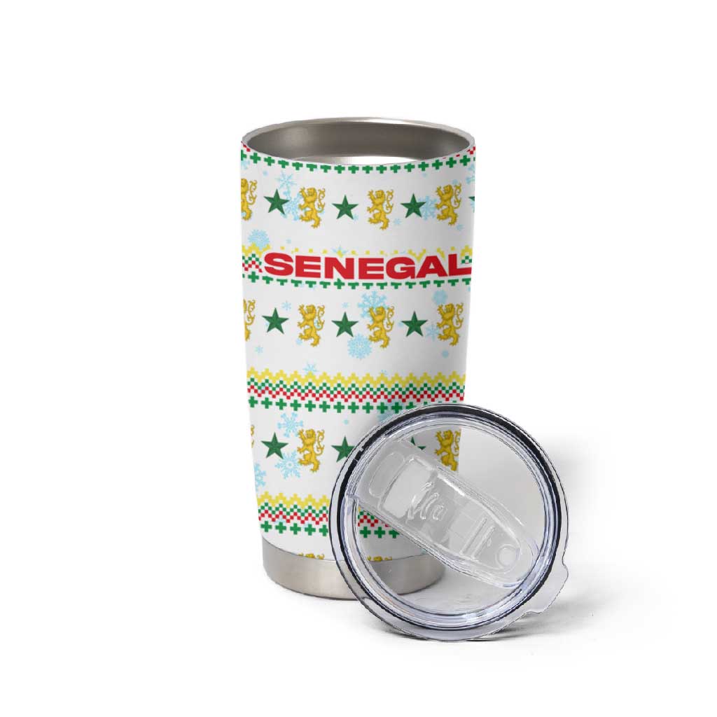 Senegal Christmas Tumbler Cup Golden Lion and Festive Stars Motif - African Pride