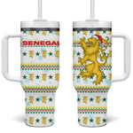 Senegal Christmas Tumbler With Handle Golden Lion and Festive Stars Motif - African Pride