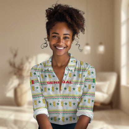 Senegal Christmas Women Casual Shirt Golden Lion and Festive Stars Motif - African Pride