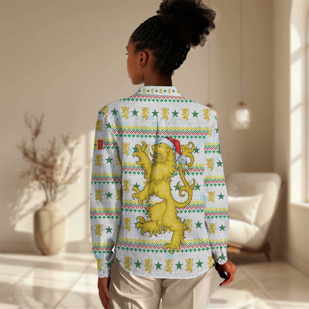Senegal Christmas Women Casual Shirt Golden Lion and Festive Stars Motif - African Pride