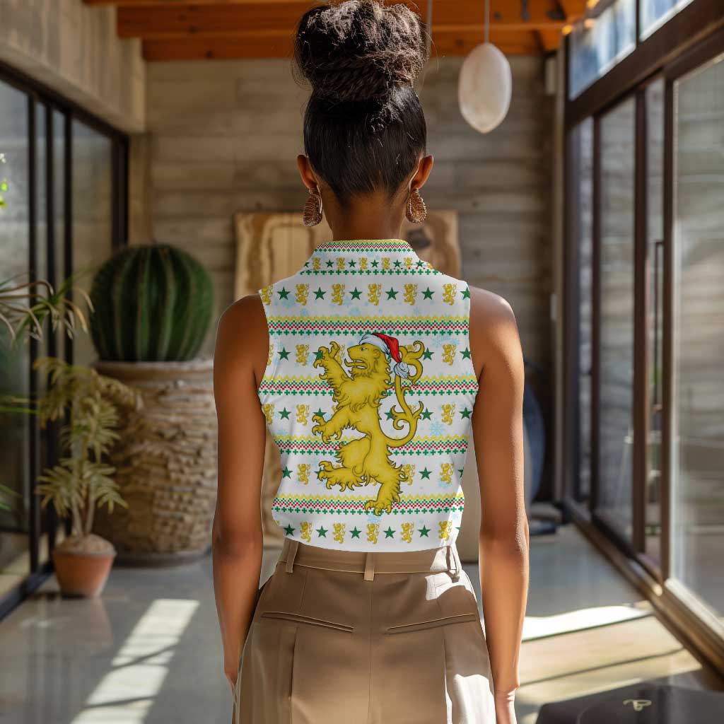 Senegal Christmas Women Sleeveless Polo Shirt Golden Lion and Festive Stars Motif - African Pride