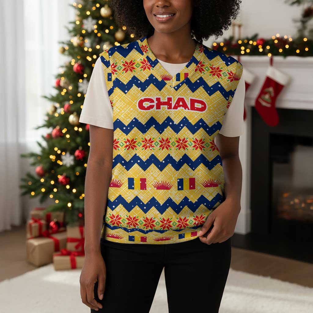 Chad Christmas Knitted V-Neck Vest National Coat of Arms, and Festive Motif - African Pride