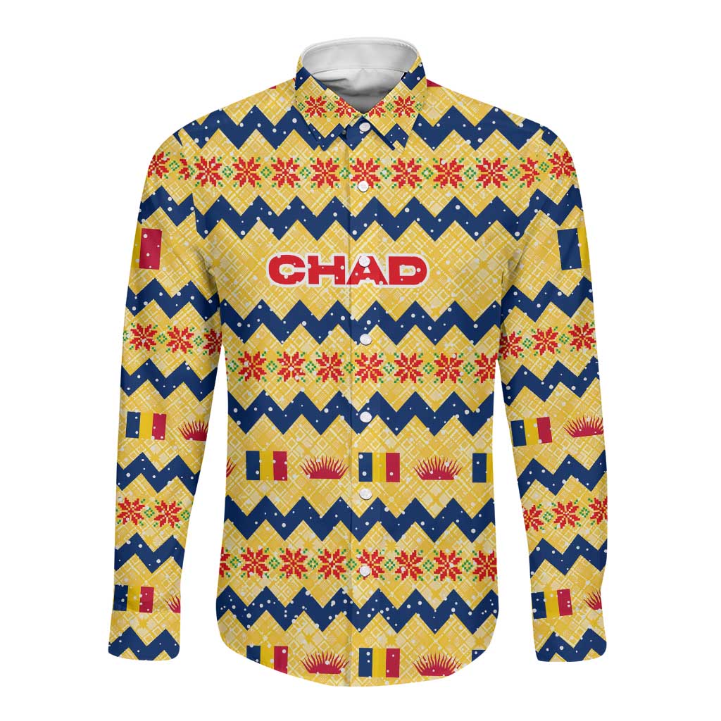 Chad Christmas Long Sleeve Button Shirt National Coat of Arms, and Festive Motif - African Pride