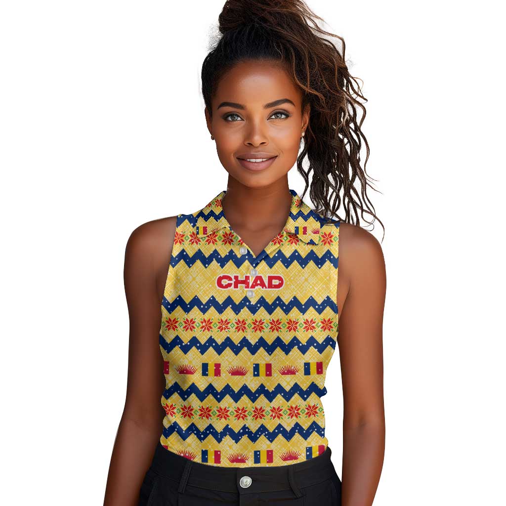 Chad Christmas Women Sleeveless Polo Shirt National Coat of Arms, and Festive Motif - African Pride