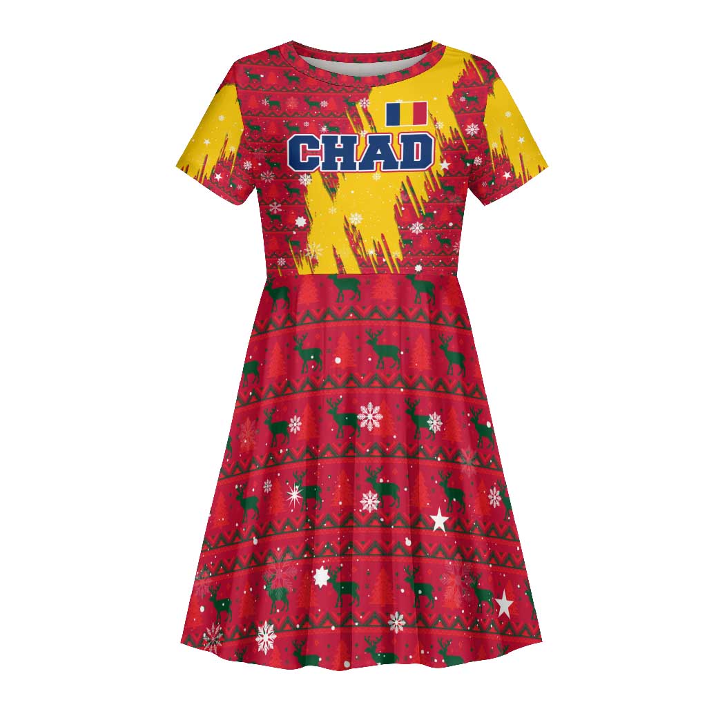 Chad Christmas Kid Short Sleeve Dress National Coat of Arms and Snowflake Accents - African Pride
