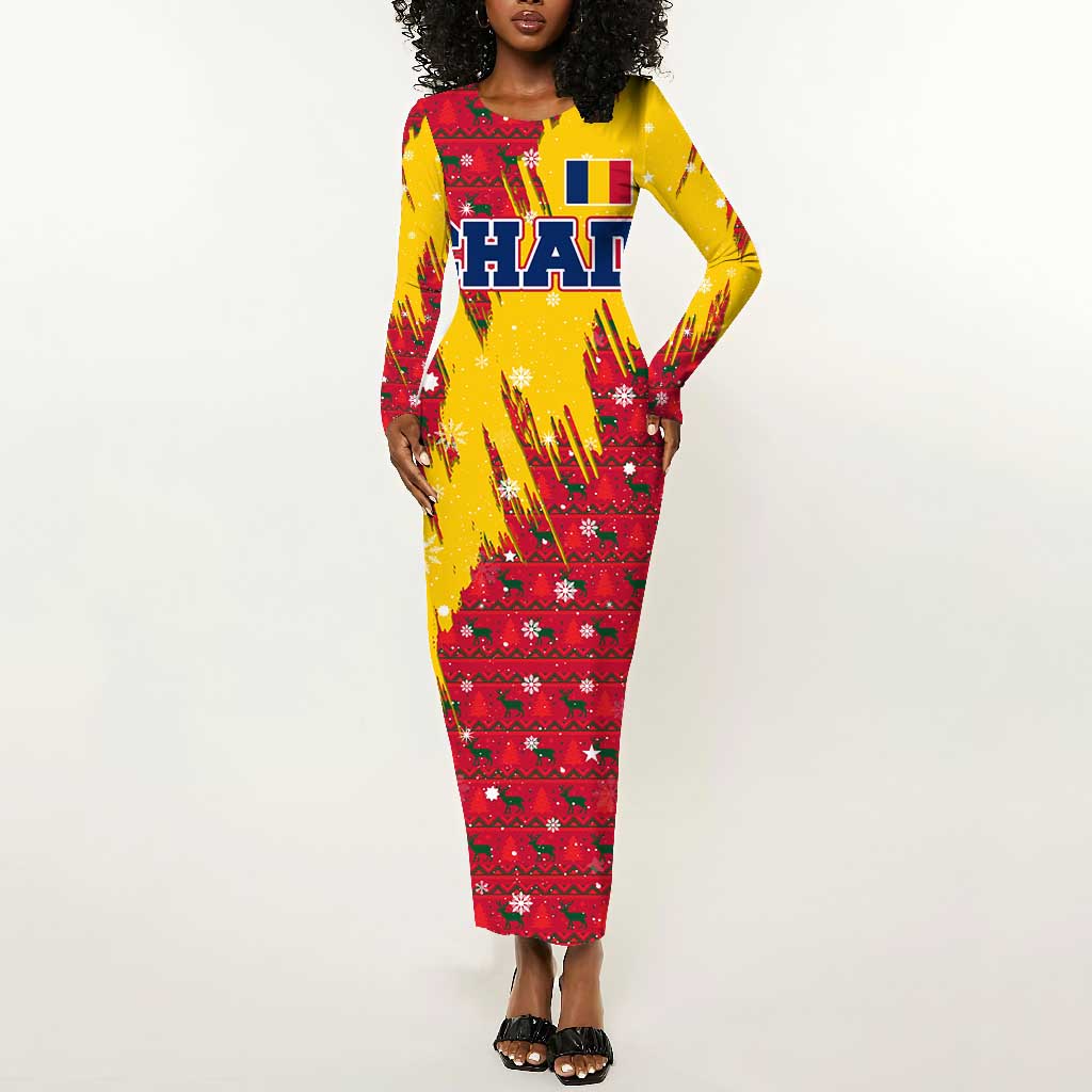 Chad Christmas Long Sleeve Bodycon Dress National Coat of Arms and Snowflake Accents - African Pride