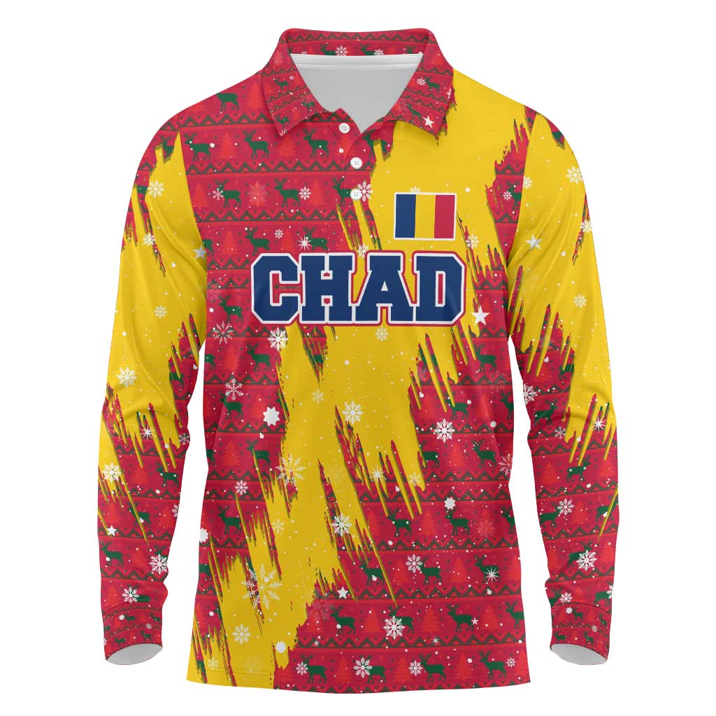 Chad Christmas Long Sleeve Polo Shirt National Coat of Arms and Snowflake Accents - African Pride