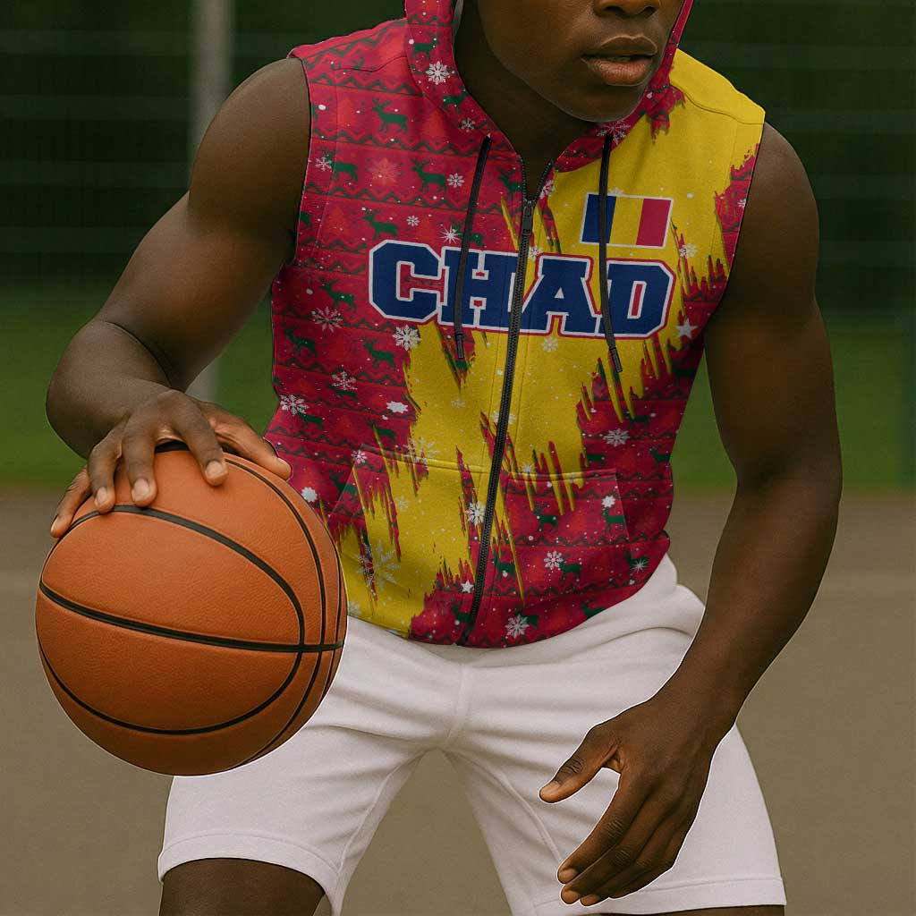 Chad Christmas Sleeveless Zip Hoodie National Coat of Arms and Snowflake Accents - African Pride