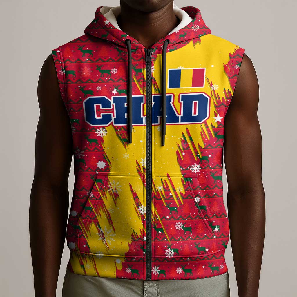 Chad Christmas Sleeveless Zip Hoodie National Coat of Arms and Snowflake Accents - African Pride