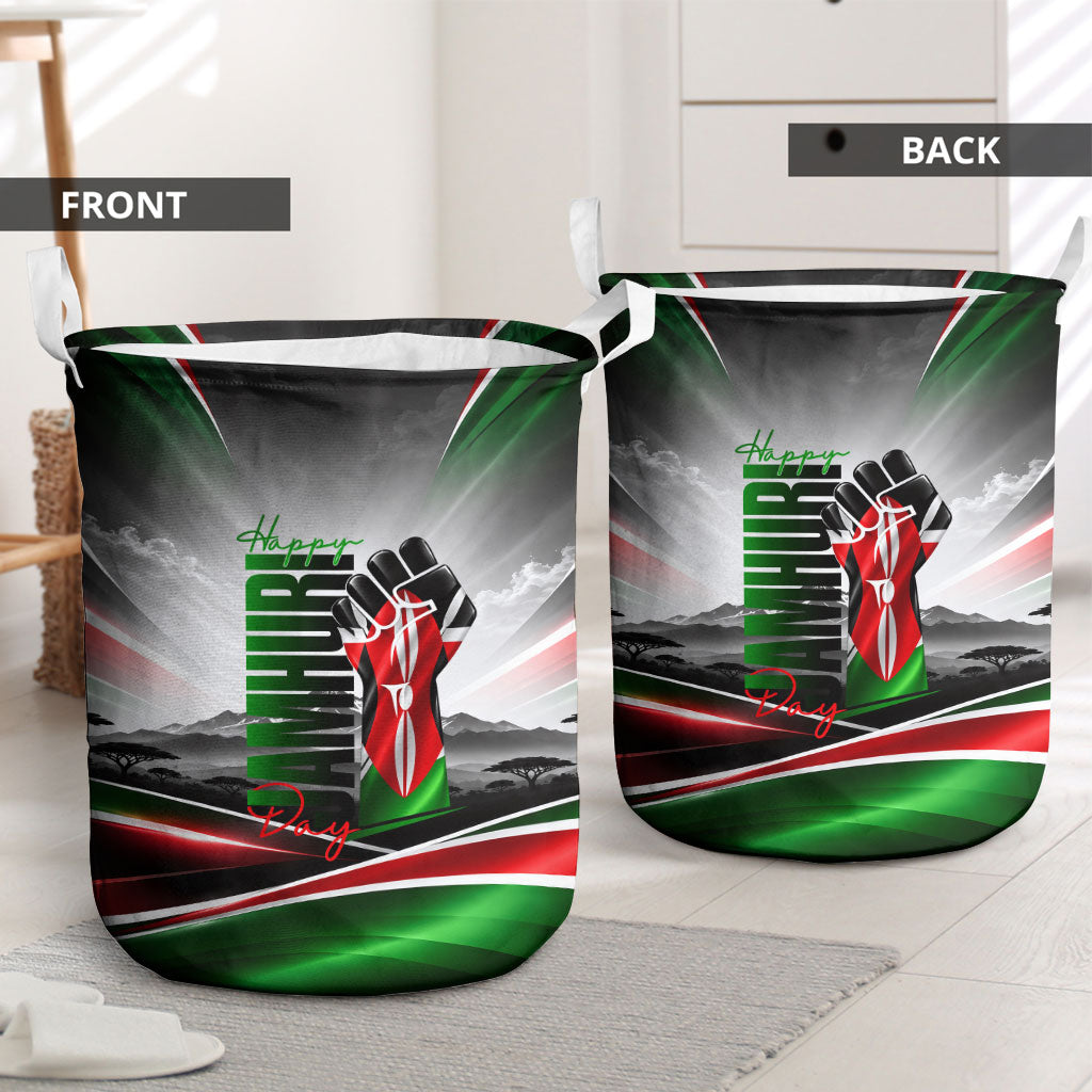 Kenya Jamhuri Day Laundry Basket Kenyan Flag Raised Fist Maasai Spear Landscape