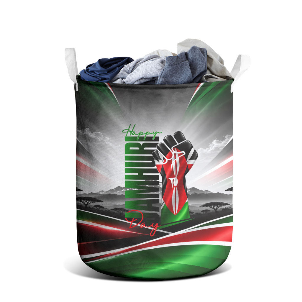 Kenya Jamhuri Day Laundry Basket Kenyan Flag Raised Fist Maasai Spear Landscape