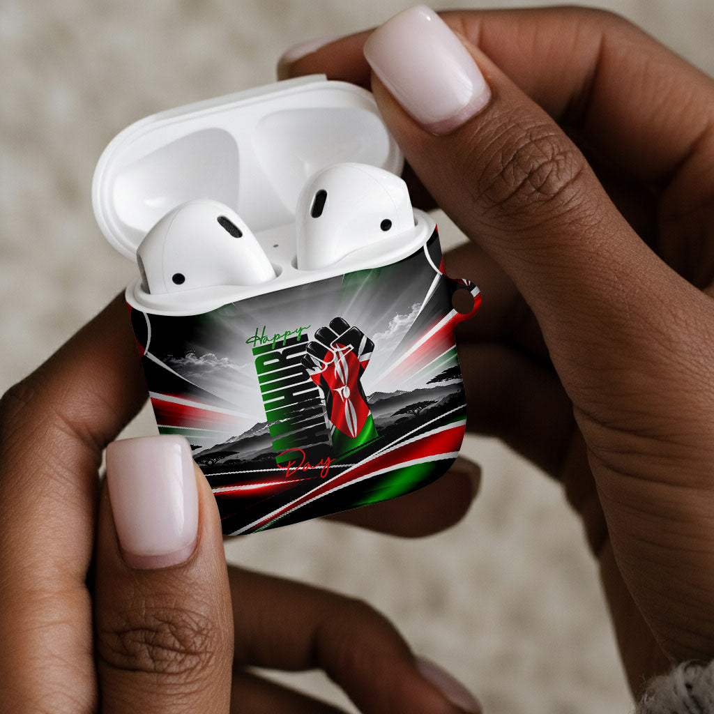 Kenya Jamhuri Day AirPods Case Kenyan Flag Raised Fist Maasai Spear Landscape