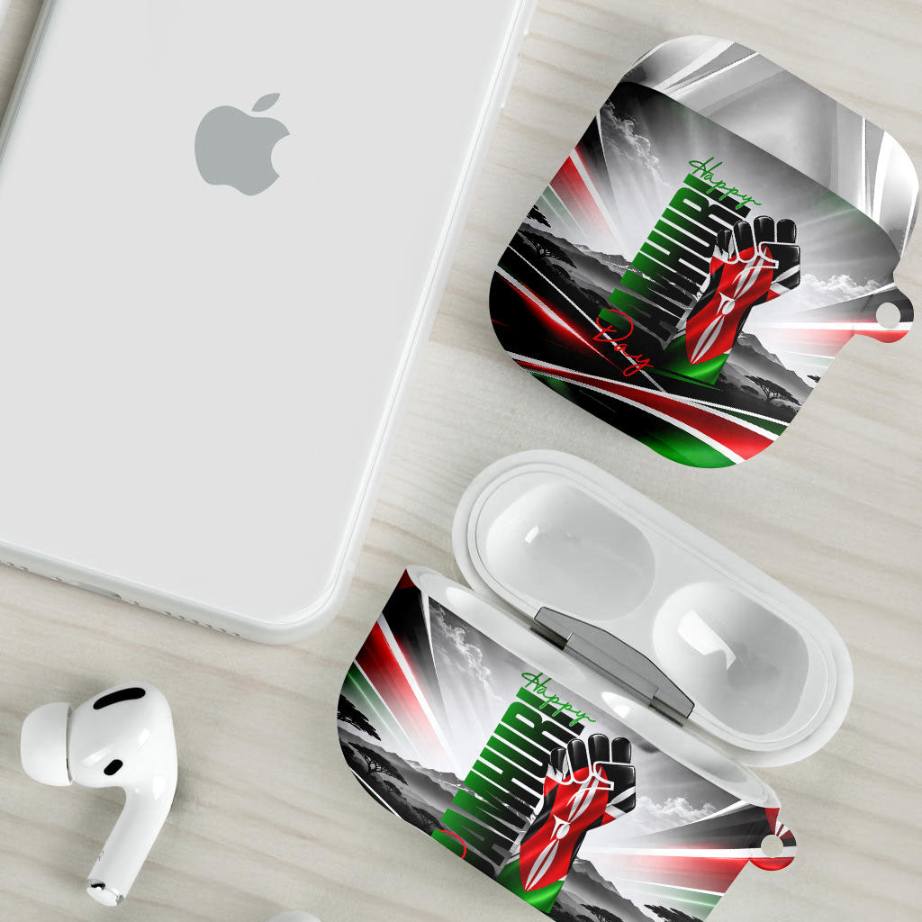 Kenya Jamhuri Day AirPods Case Kenyan Flag Raised Fist Maasai Spear Landscape