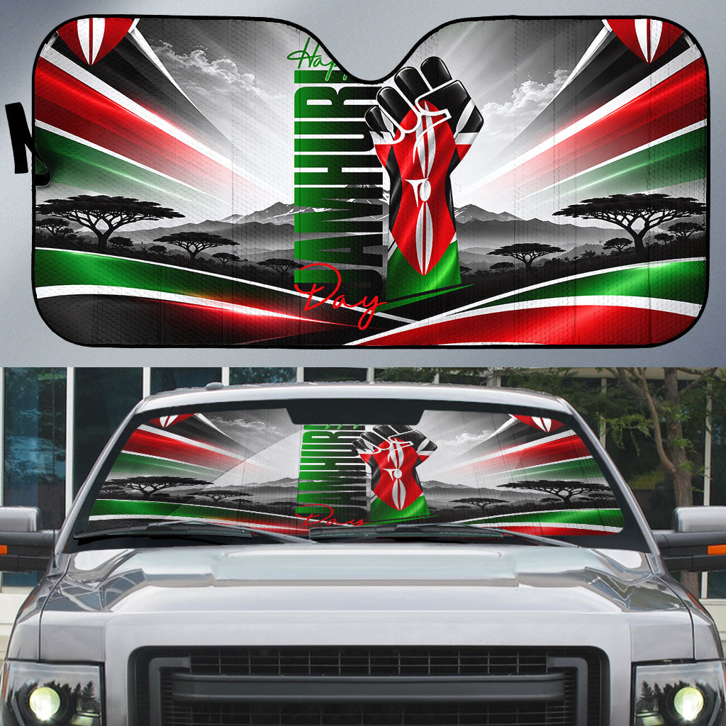 Kenya Jamhuri Day Auto Sun Shade Kenyan Flag Raised Fist Maasai Spear Landscape