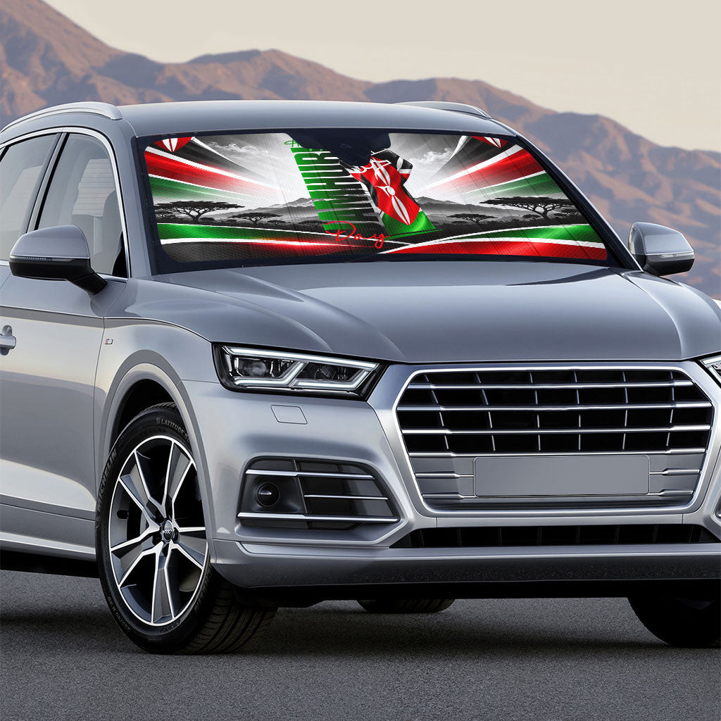 Kenya Jamhuri Day Auto Sun Shade Kenyan Flag Raised Fist Maasai Spear Landscape