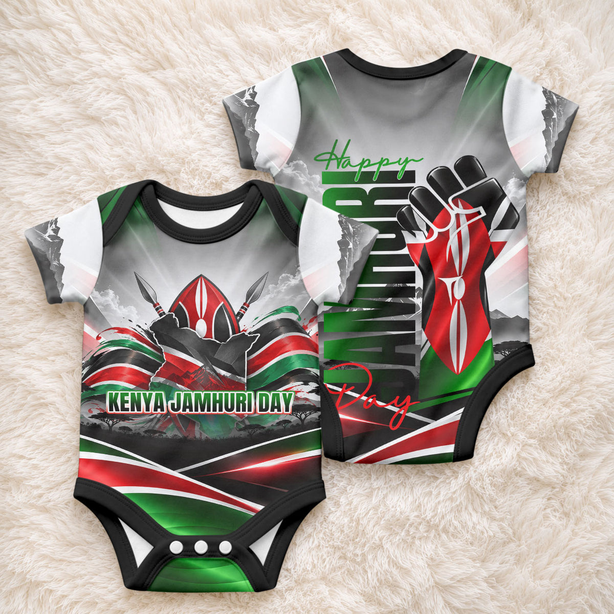 Kenya Jamhuri Day Baby Onesie Kenyan Flag Raised Fist Maasai Spear Landscape