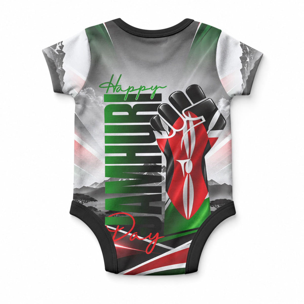 Kenya Jamhuri Day Baby Onesie Kenyan Flag Raised Fist Maasai Spear Landscape