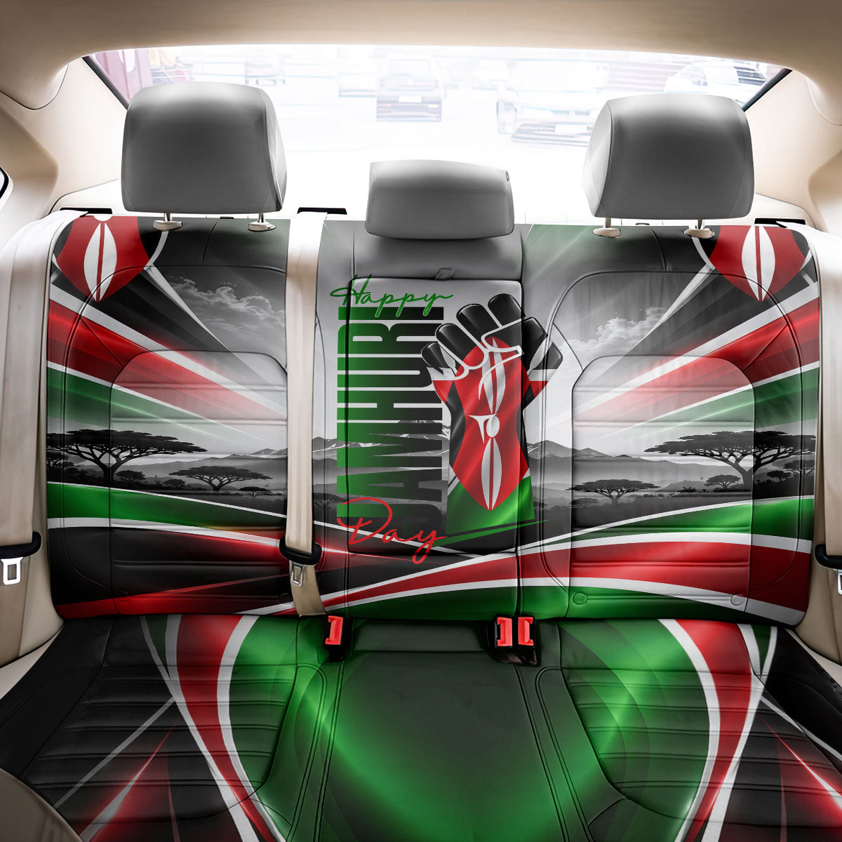 Kenya Jamhuri Day Back Car Seat Cover Kenyan Flag Raised Fist Maasai Spear Landscape