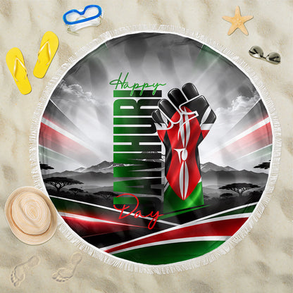 Kenya Jamhuri Day Beach Blanket Kenyan Flag Raised Fist Maasai Spear Landscape