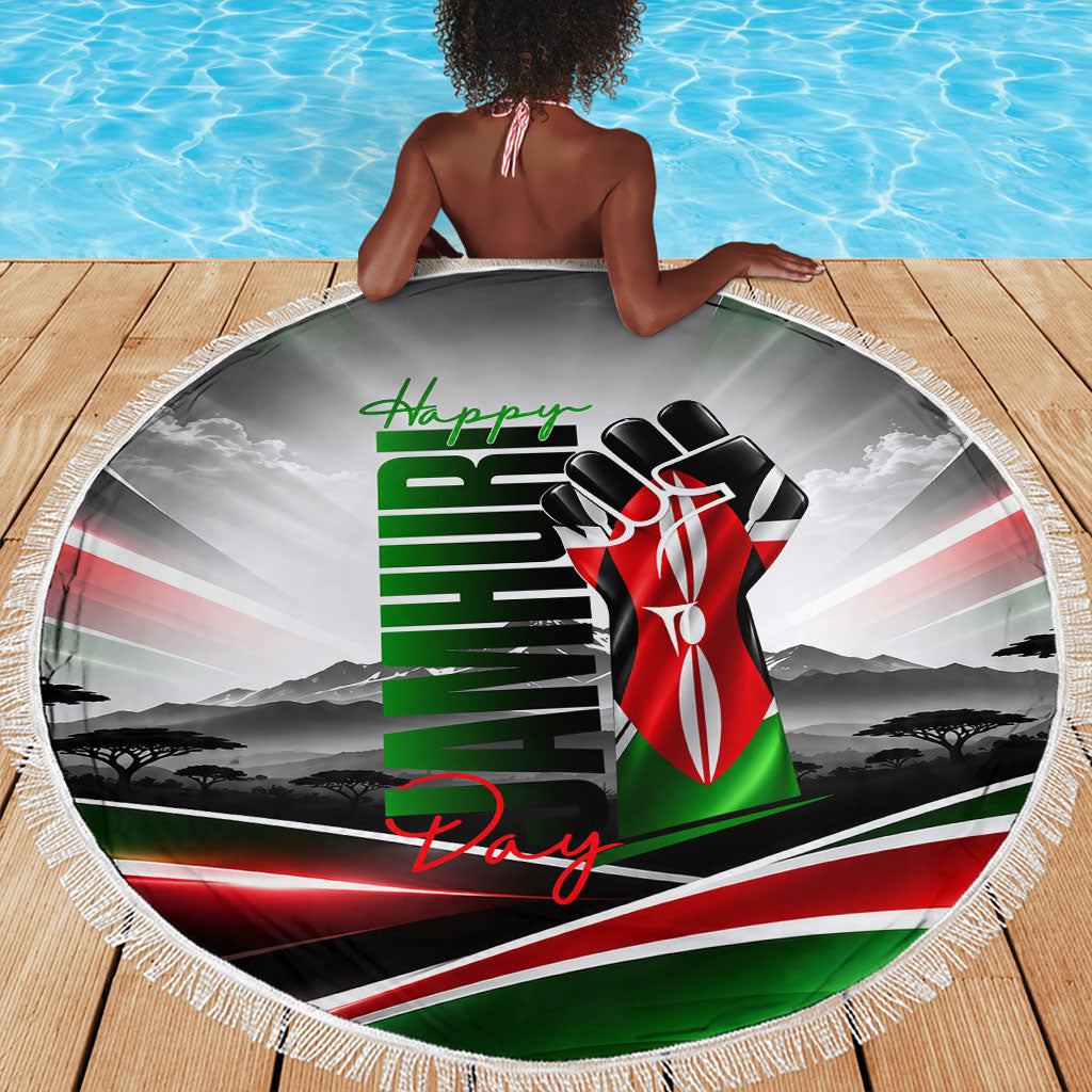 Kenya Jamhuri Day Beach Blanket Kenyan Flag Raised Fist Maasai Spear Landscape