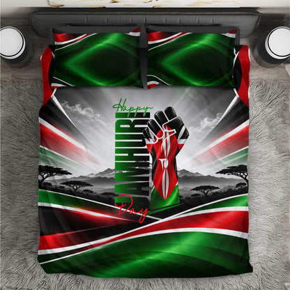 Kenya Jamhuri Day Bedding Set Kenyan Flag Raised Fist Maasai Spear Landscape