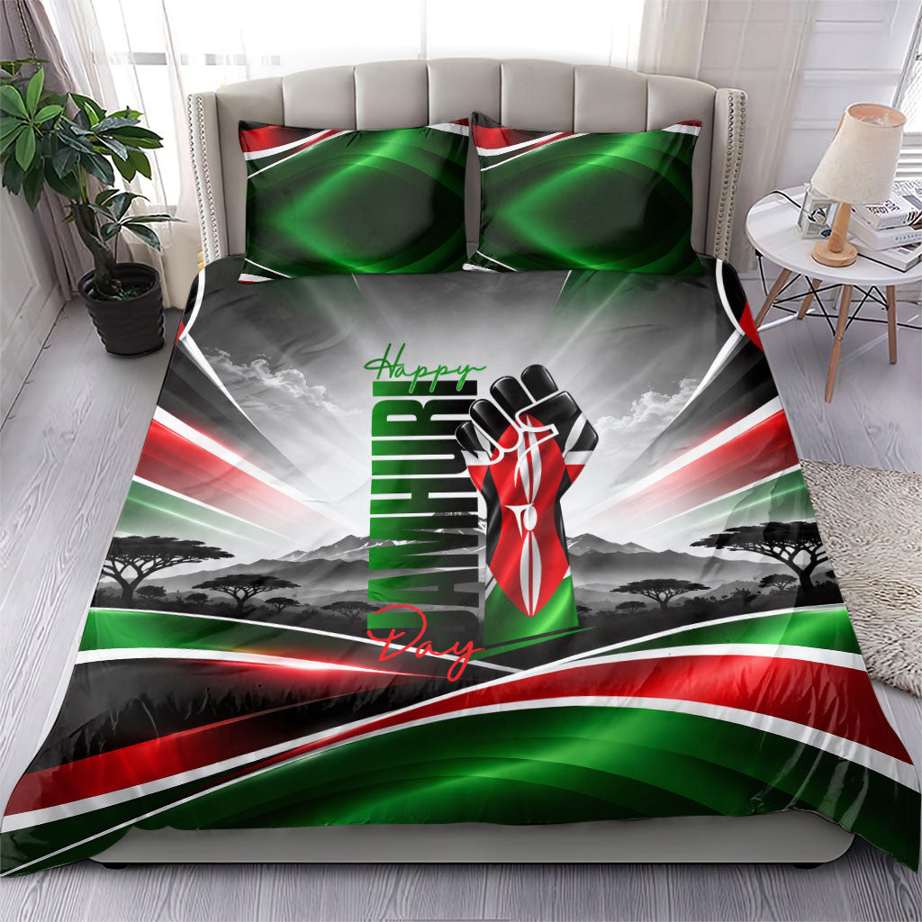 Kenya Jamhuri Day Bedding Set Kenyan Flag Raised Fist Maasai Spear Landscape