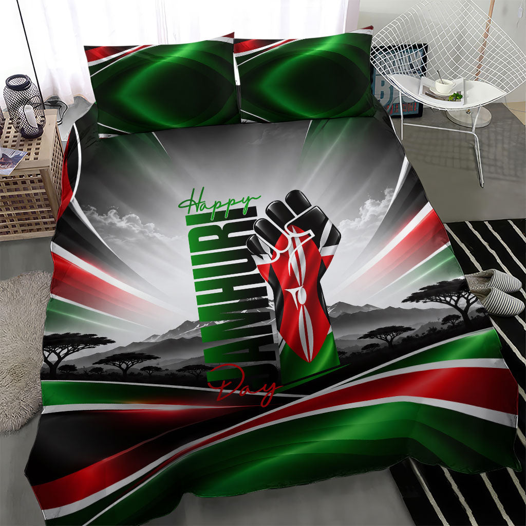 Kenya Jamhuri Day Bedding Set Kenyan Flag Raised Fist Maasai Spear Landscape