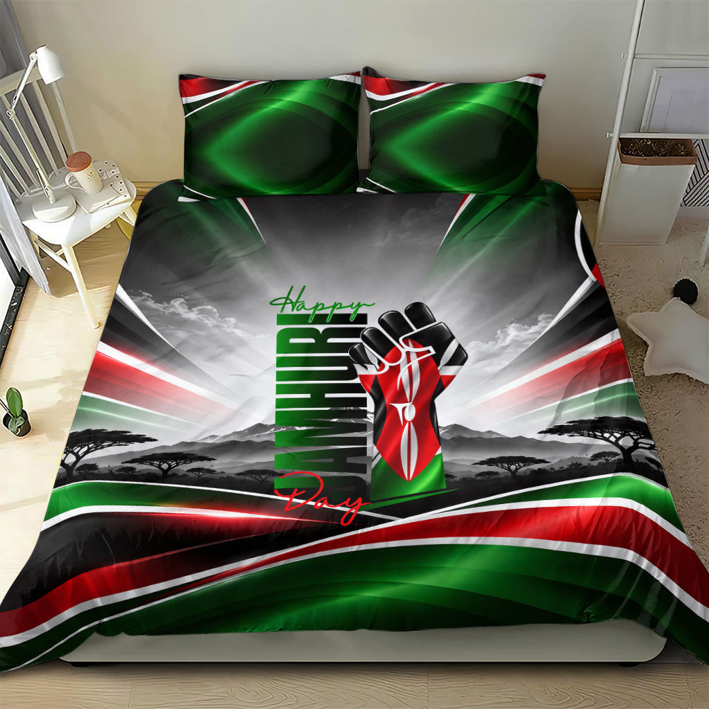 Kenya Jamhuri Day Bedding Set Kenyan Flag Raised Fist Maasai Spear Landscape