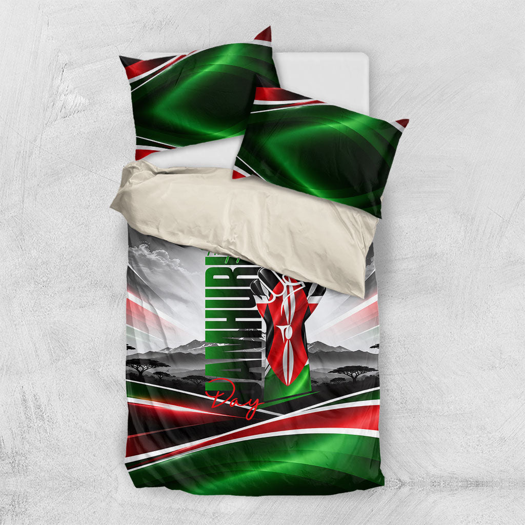 Kenya Jamhuri Day Bedding Set Kenyan Flag Raised Fist Maasai Spear Landscape