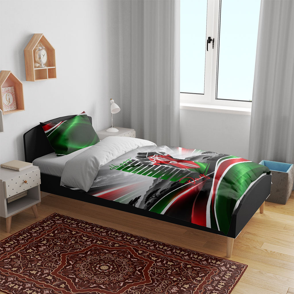 Kenya Jamhuri Day Bedding Set Kenyan Flag Raised Fist Maasai Spear Landscape