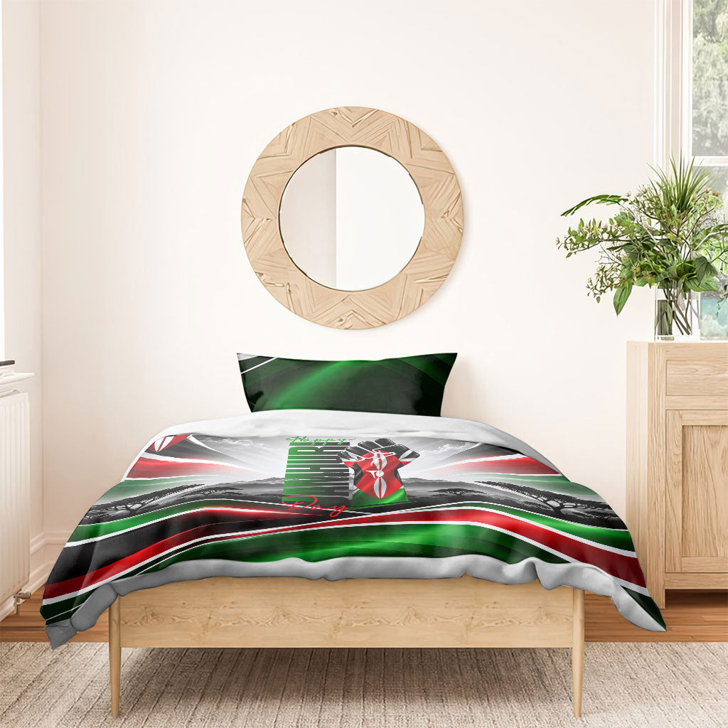 Kenya Jamhuri Day Bedding Set Kenyan Flag Raised Fist Maasai Spear Landscape