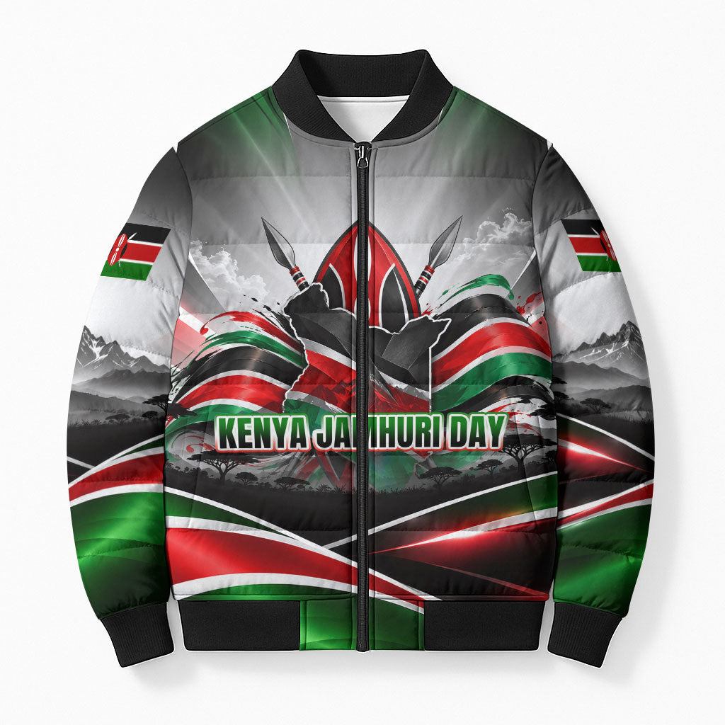 Kenya Jamhuri Day Bomber Puffer Jacket Kenyan Flag Raised Fist Maasai Spear Landscape