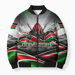 Kenya Jamhuri Day Bomber Puffer Jacket Kenyan Flag Raised Fist Maasai Spear Landscape