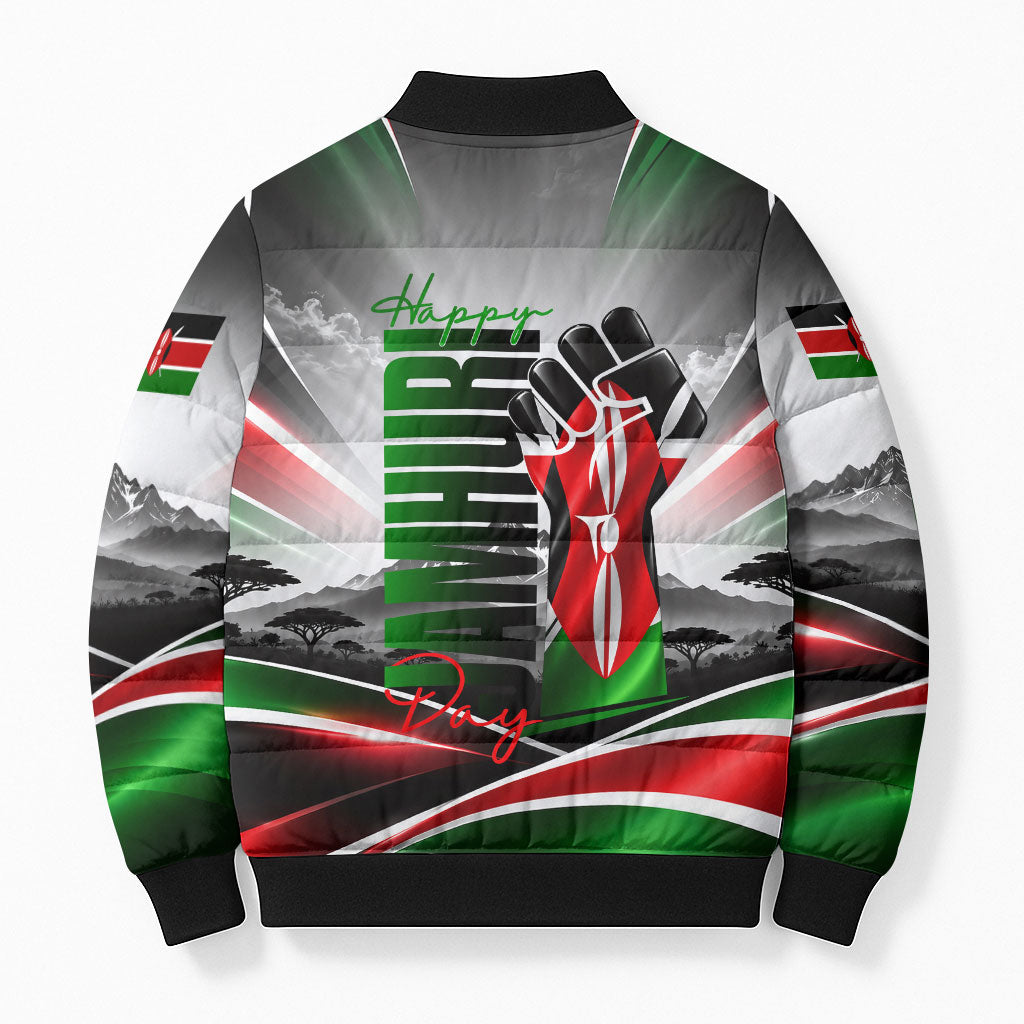 Kenya Jamhuri Day Bomber Puffer Jacket Kenyan Flag Raised Fist Maasai Spear Landscape