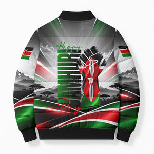 Kenya Jamhuri Day Bomber Puffer Jacket Kenyan Flag Raised Fist Maasai Spear Landscape