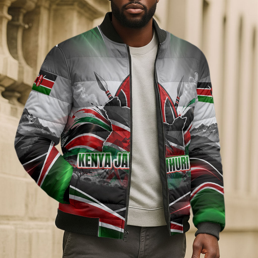 Kenya Jamhuri Day Bomber Puffer Jacket Kenyan Flag Raised Fist Maasai Spear Landscape