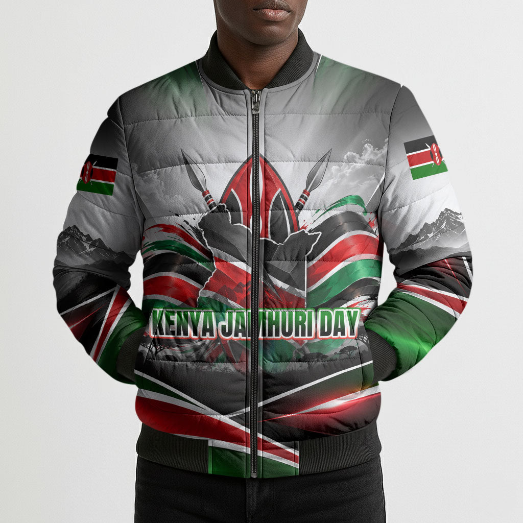 Kenya Jamhuri Day Bomber Puffer Jacket Kenyan Flag Raised Fist Maasai Spear Landscape