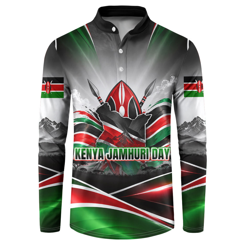 Kenya Jamhuri Day Button Sweatshirt Kenyan Flag Raised Fist Maasai Spear Landscape