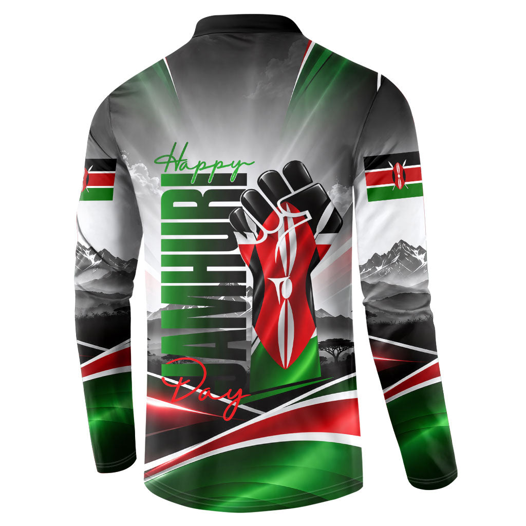 Kenya Jamhuri Day Button Sweatshirt Kenyan Flag Raised Fist Maasai Spear Landscape