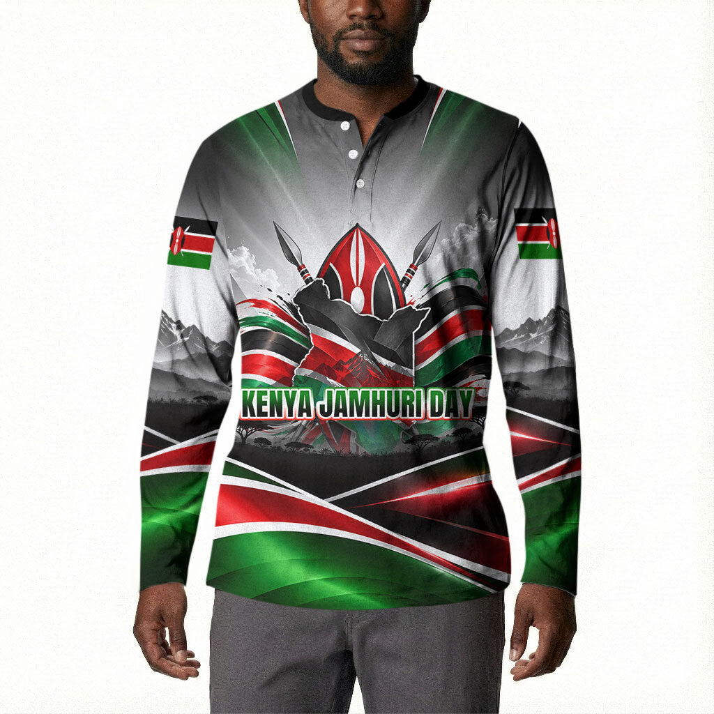 Kenya Jamhuri Day Button Sweatshirt Kenyan Flag Raised Fist Maasai Spear Landscape