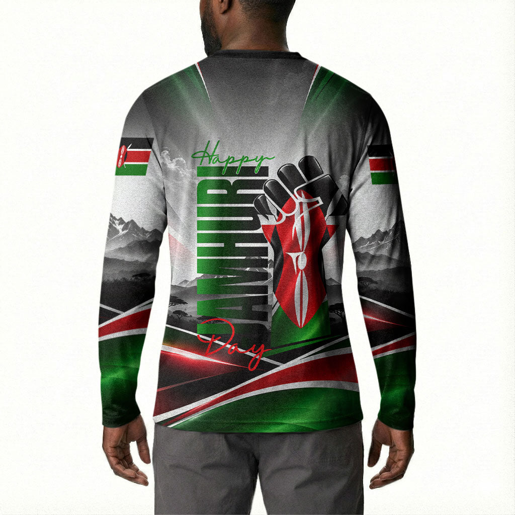 Kenya Jamhuri Day Button Sweatshirt Kenyan Flag Raised Fist Maasai Spear Landscape