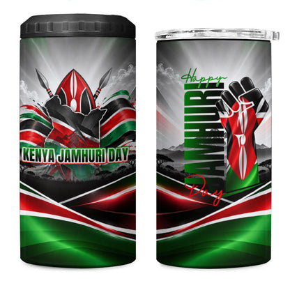 Kenya Jamhuri Day 4 in 1 Can Cooler Tumbler Kenyan Flag Raised Fist Maasai Spear Landscape