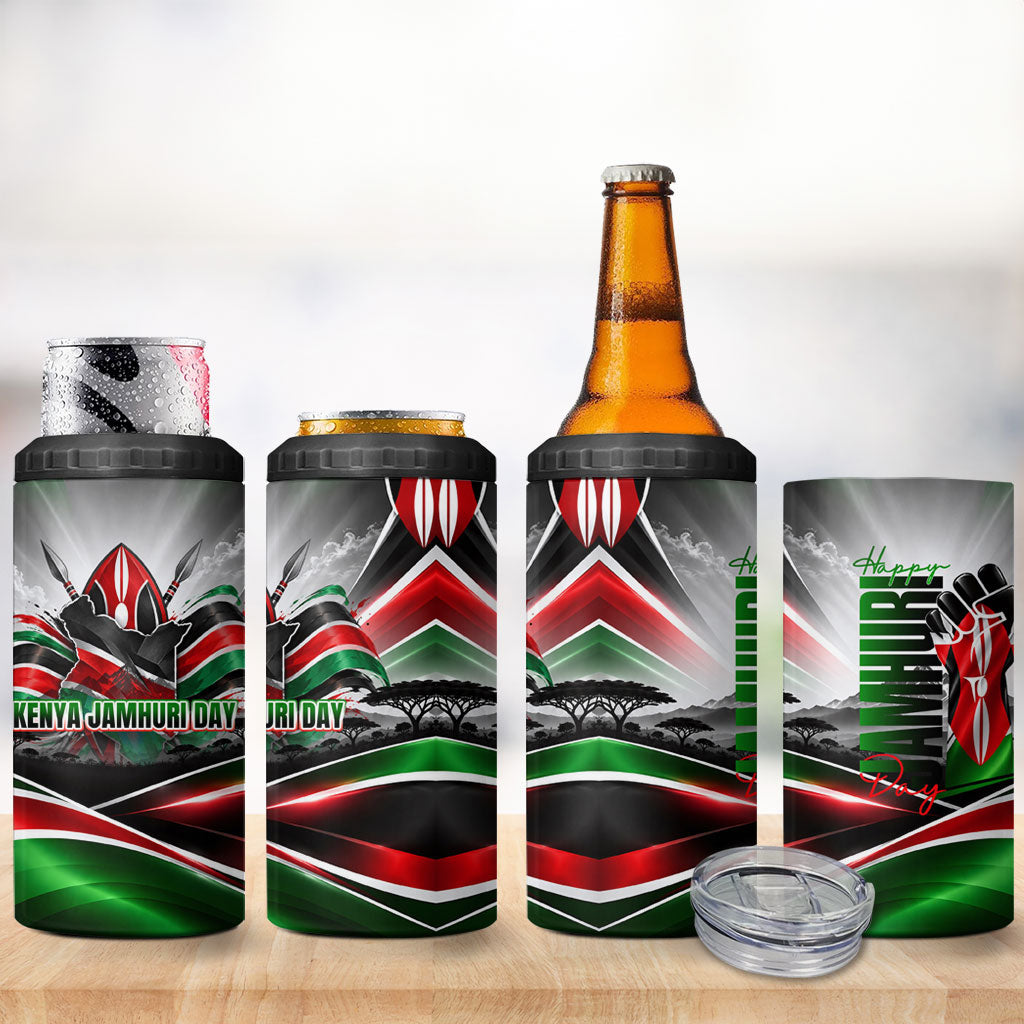 Kenya Jamhuri Day 4 in 1 Can Cooler Tumbler Kenyan Flag Raised Fist Maasai Spear Landscape