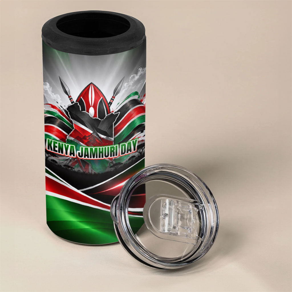 Kenya Jamhuri Day 4 in 1 Can Cooler Tumbler Kenyan Flag Raised Fist Maasai Spear Landscape
