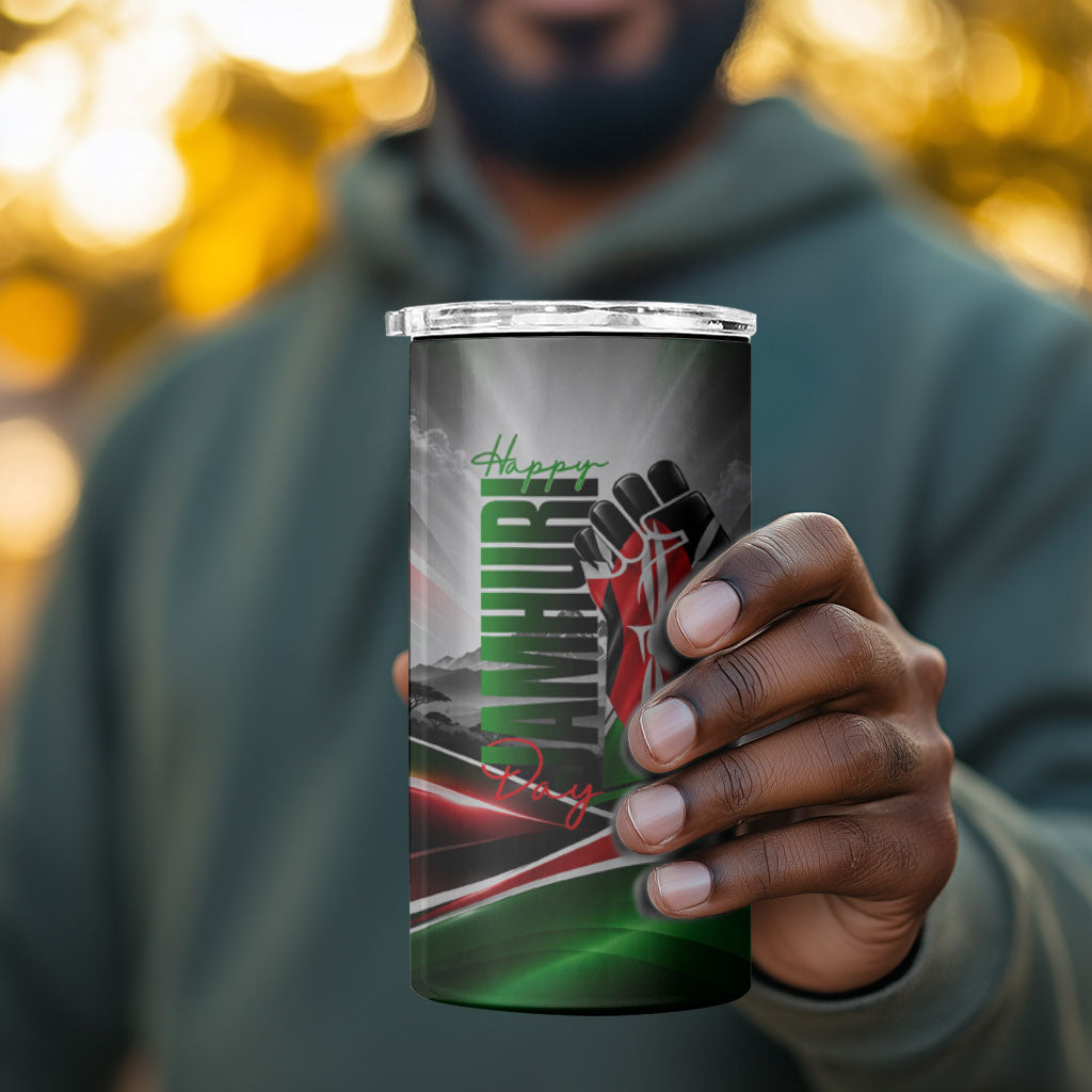 Kenya Jamhuri Day 4 in 1 Can Cooler Tumbler Kenyan Flag Raised Fist Maasai Spear Landscape